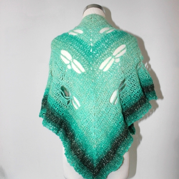 Dragonfly Crochet Shawl Wrap Teal Aqua Soft HANDCRAFTED - Picture 6 of 13